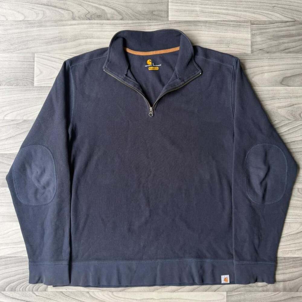 Carhartt Relaxed Fit Quarter Zip Sweatshirt Size L Navy Elbow Patches